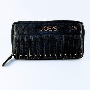 JOE'S JEANS Black Leather Bronco Fringed Clutch